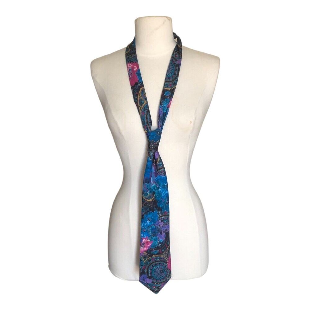 Vintage Lorenzo Selini Floral Abstract Neck Tie Blue Pink Purple Gold Black